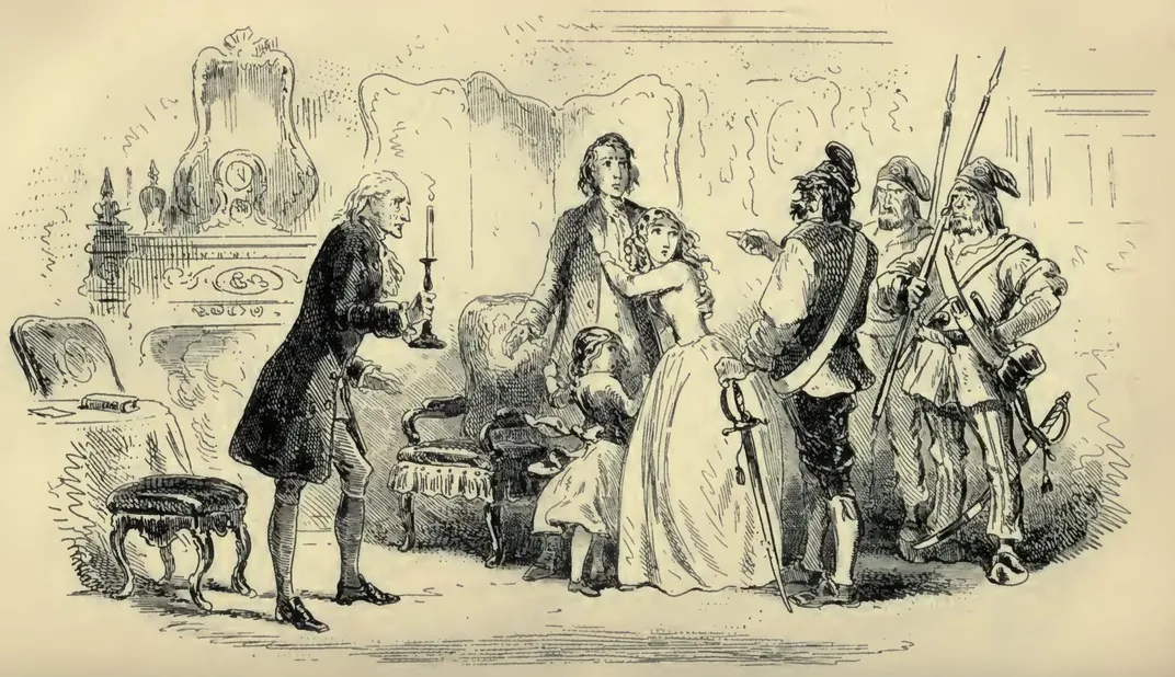 An illustration of revolutionaries wearing Phrygian caps in Charles Dickens' A Tale of Two Cities