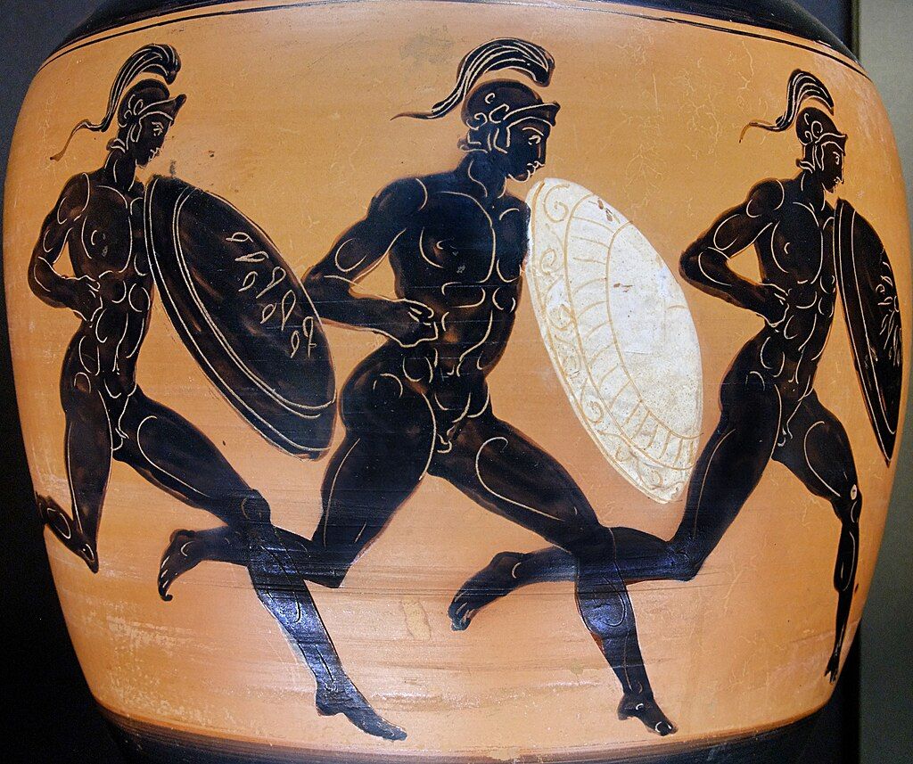 Athletes competing in the hoplitodromos, an ancient foot race